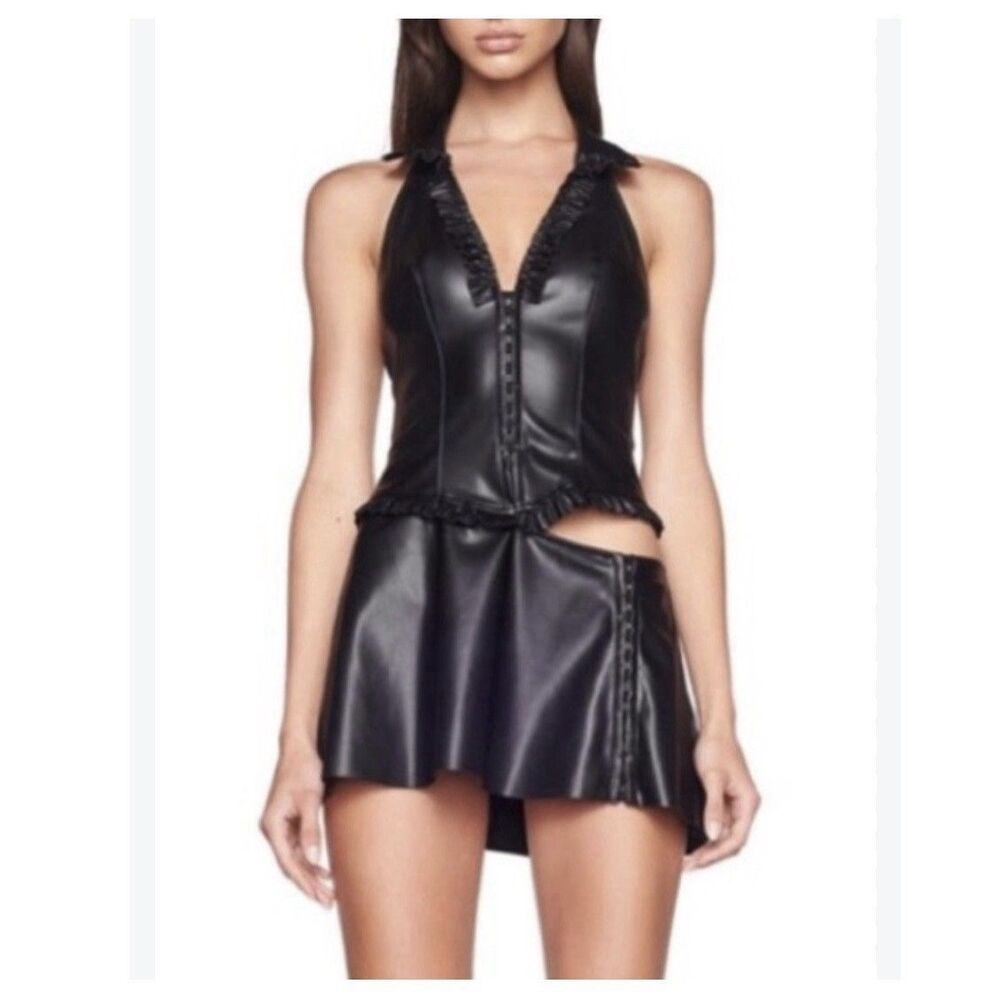 I.AM.GIA Alura Black Faux Leather Halter Mini Dress XS Y2K Gothic Sexy Grunge